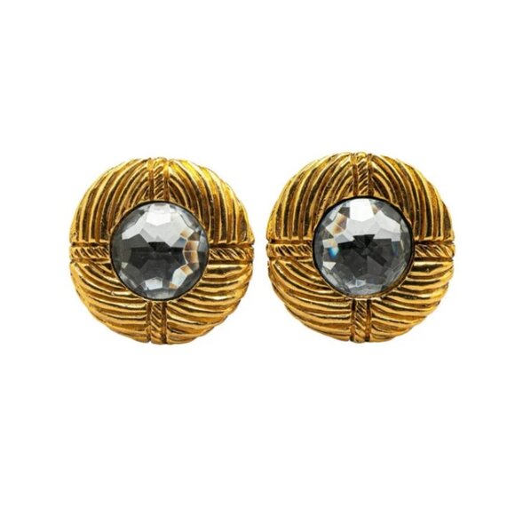 CHANEL Rhinestone Crystal Round Clip-On Earrings Gold Tone Auth